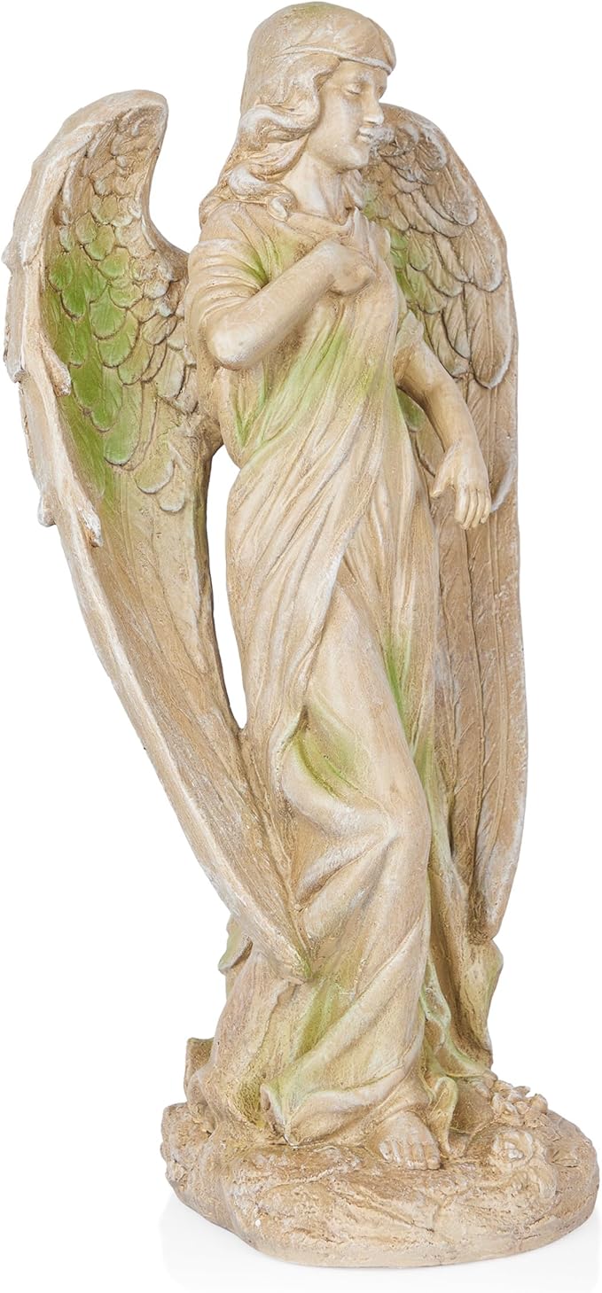 Alpine Corporation QFC105-201 Old World Angel Statue with Mossy Finish, Sentimental Garden Décor, 31" H, Tan/Moss Green