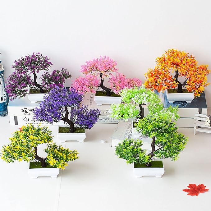 Mini Artificial Bonsai Tree Plants Artificial Plant Welcome Pine Tree with Plastic Cement Pots for Home Office Décor (Pink)