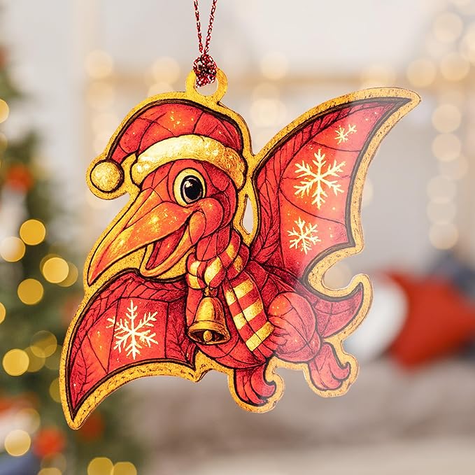 Pterodactyl Ornament – Cute Dinosaur – Flying Dino Decor – Kids Holiday Card – Christmas Dino Ornament – Suncatcher Effect Stained Glass Window Hanging – Car Hanging