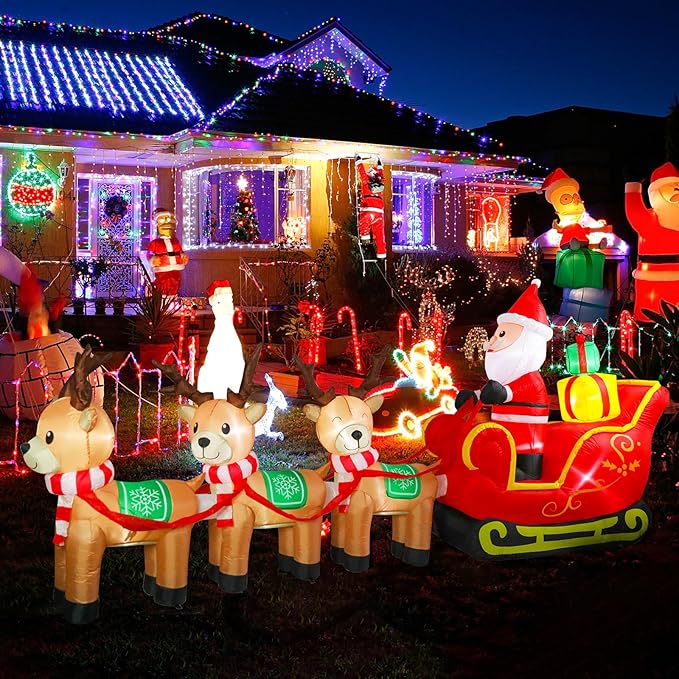 WONDER GARDEN 12FT Christmas Inflatable Outdoor Decorations with Santa Claus on Sleigh and Reindeer Christmas Blow Up Yard Decorations with LED Lights for Xmas Holiday Party Garden Patio Lawn Decor