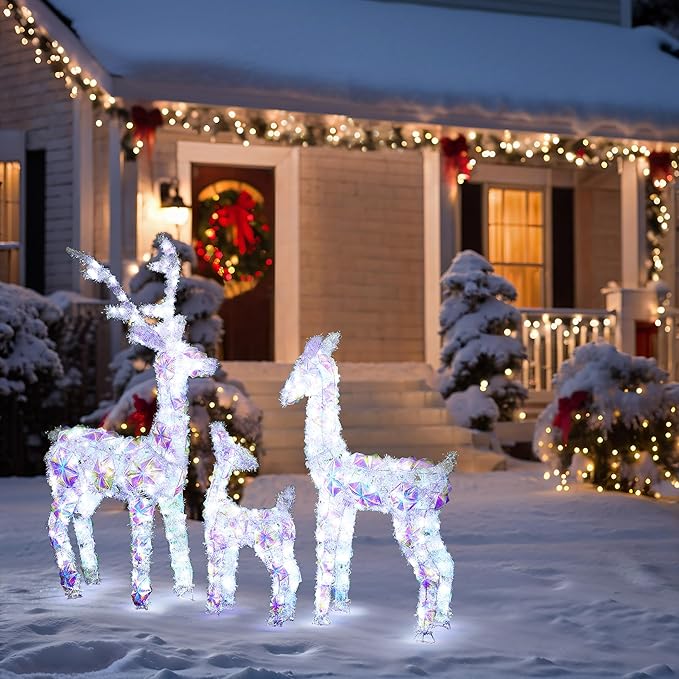 LuxenHome 3PCs Reindeer Christmas Decoration, Laser Tinsel & Holographic Reindeer Family with 340 LED Lights Front Porch Christmas Decorations Outdoor & Indoor Use, Lawn, Porch, Holiday Yard Display