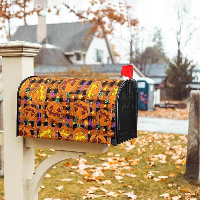 Halloween Mailbox Cover Magnetic Standard Size 25.5x21 Inch Spooky Pumpkins Bats Mailbox Wrap Letter Post Cover with Black Orange Buffalo Plaids for Yard Garden Home Outdoor Decor