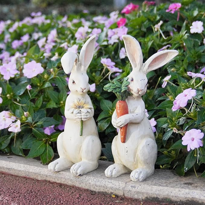 Newman House Studio Easter-Decorations - Spring Bunny Decor - Table Centerpiece - Spring Figurines - Indoor Bunny Statues with Flower Farmhouse Office Room Decor for Table 5 * 4.25 * 11.75 inch
