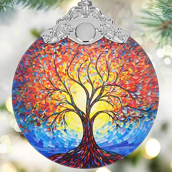 Tree of Life Christmas Ornament - Stained Glass Hanging Decor - Decoration for Christmas Tree - Gifts for Relatives and Friends