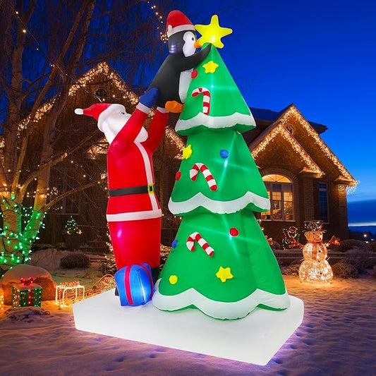 9FT Christmas Inflatables Tree Outdoor Decoration, Santa Claus & Penguin Lighted Party Decoration, Blow Up Decor with Built-in LED Lights Suitable for Lawn/Yard/Garden/Porch