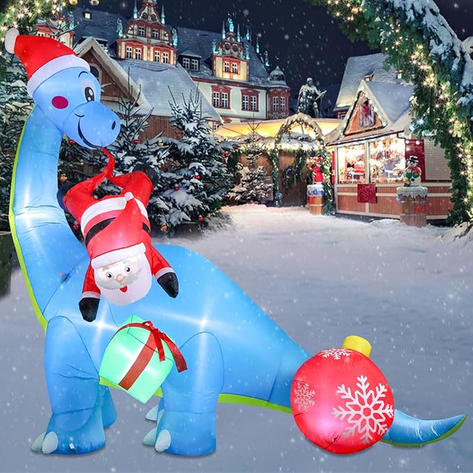 Christmas Inflatables Christmas Blow Up Yard Decorations Christmas Inflatable Dinosaur Play with Santa Clause Gift Boxes LED Lighted Up Yard Lawn Garden Home Party Decor