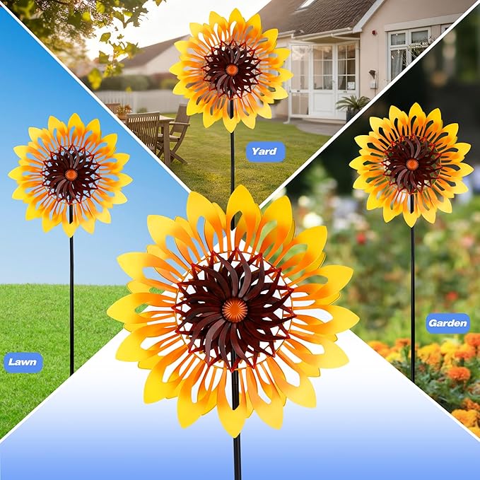 Sunflower Wind Spinners, 360 Degrees Swivel Metal Wind Sculptures, 76" Large Garden Pinwheels for Yard Lawn Patio Decor