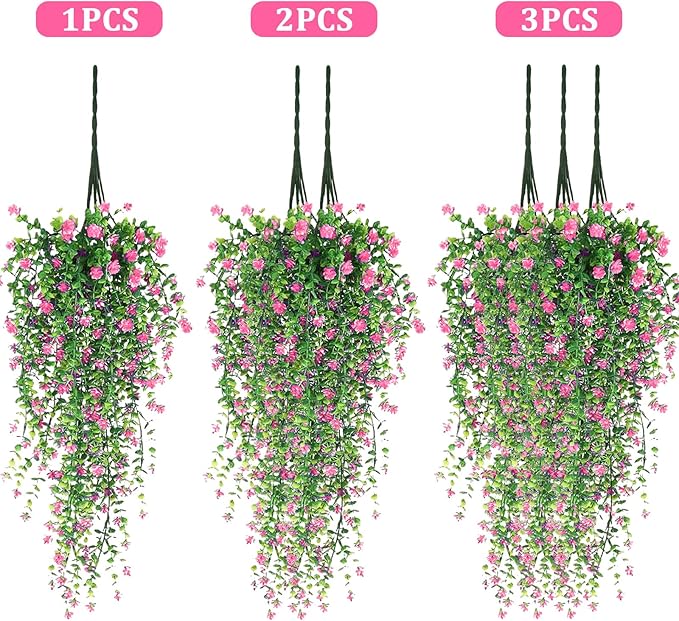 Artificial Hanging Flowers, 3 Pcs Fake Hanging Plants Artificial Vines for Outdoors, Fake Ivy Vine UV Resistant No Fade Faux Plants for Indoor Outside Garden Patio Yard Greenery Decoration (Pink)