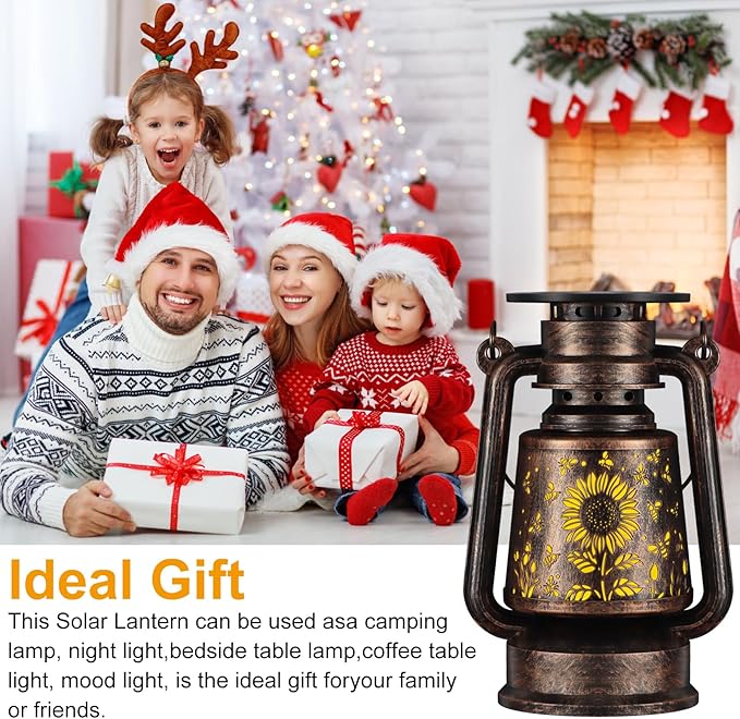 Solar Lantern Outdoor Hanging Vintage LED Waterproof Camping Light with Beautiful Graphics Landscape Decor for Yard,Patio,Porch,Lawn,Tabletop(Sunflower + Bee)