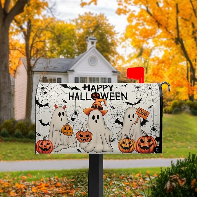 Happy Halloween Mailbox Covers Magnetic Boo Ghost Mail Box Cover Pumpkin Mailbox Wraps Magnetic Standard Size 21x18 inch for Outside Garden Yard Spider Web Bat