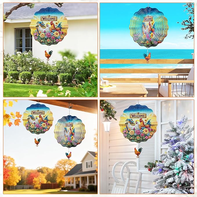 Farmhouse Rooster Wind Spinners Outdoor - Chicken Gifts for Women Mom Men Dad Grandpa, 3D Cute Wind Spinner for Yard Patio Ornament Garden Decor, 12 Inch Hanging Kinetic Metal Wind Sculpture