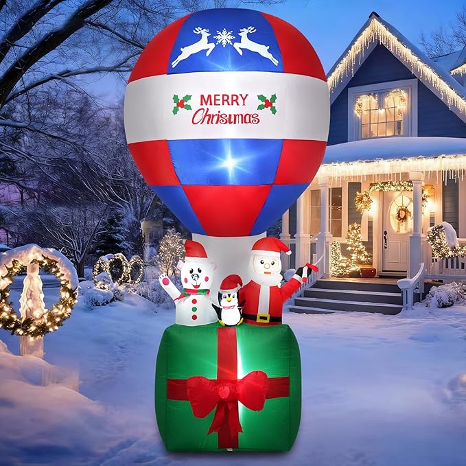 7FT Christmas Inflatable Hot Air Balloon Santa Decoration,Blow Up Outdoor Holiday Decor with Santa,Polar Bear and Penguin Figures,Built-in LED Lights Decoration for Xmas Party,Garden,Lawn,New Year