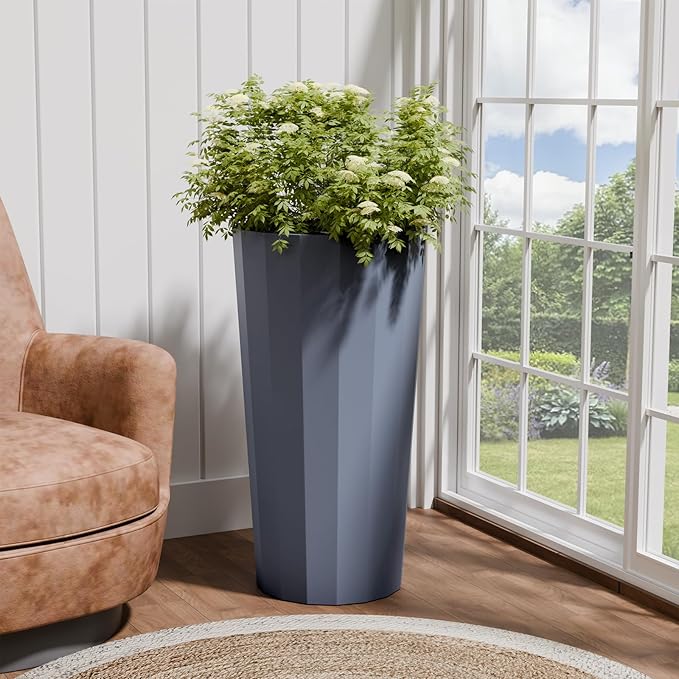 23.6" Tall Planters for Outdoor Plants, Large Outdoor Planters for Porch Decor with Drainage Hole, Wide Stripe Design Flower Pots Fits Indoor Plants Patio/Garden, Plastic Gray Blue (2 Pack)
