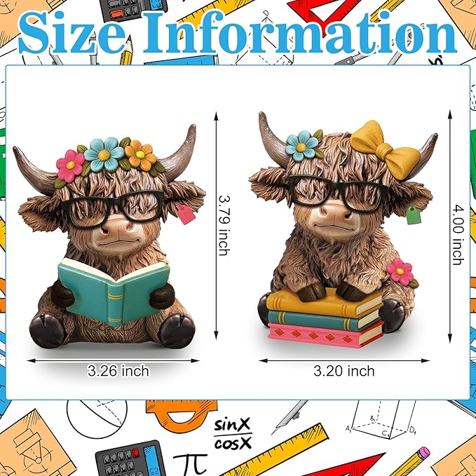 Wesiti 2 Pcs Highland Cow Figurines Spring Sunflower Highland Cow Gnomes Scottish Resin Statue Calf Lovers Gifts for Summer Home Garden Kitchen Office Tiered Tray Table Decor (Reading)