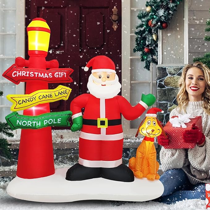 Inflatable Christmas Decorations Blow Up 6FT Santa Claus Take Dog Under Street lamp Inflatables Xmas Party Set Decor for Yard Garden Lawn Outdoor Ornaments