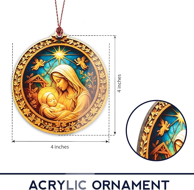 Nativity Mary and Baby Jesus Ornament – Nativity Ornament – Religious Gifts – Christian Decor – Christmas Ornament – Suncatcher Effect Stained Glass Window Hanging – Car Hanging