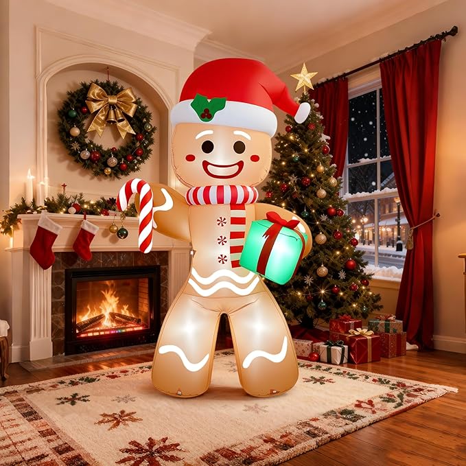Christmas Inflatable Gingerbread Man, Blow Up Holiday Party Decor with Build-in LED Lights, Waterproof Inflatable Christmas Decorations for Outdoor Roof Yard Lawn Garden Indoor (Brown, 8FT)
