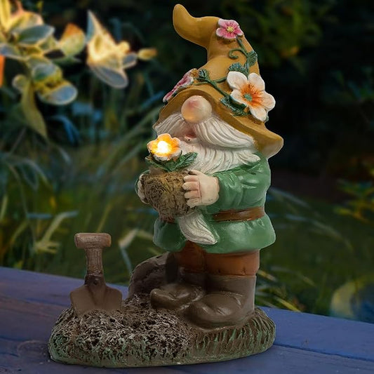 Garden Solar Gnomes Outdoor Statues with Flower Pot Gnome Outdoor Decor for Patio, Balcony, Lawn, Yard Ornament - Garden Gifts for Mothers Day, Housewarming, Festival