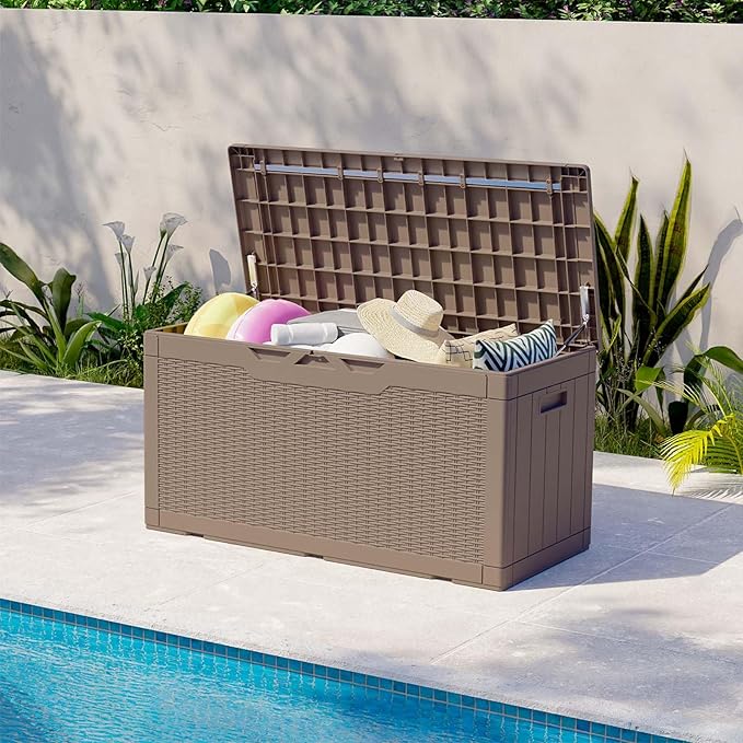 Patiolife 100 Gallon Resin Deck Box, Large Outdoor Storage Box for Garden Tools, Pool Supplies, Waterproof and Lockable, Dark Brown