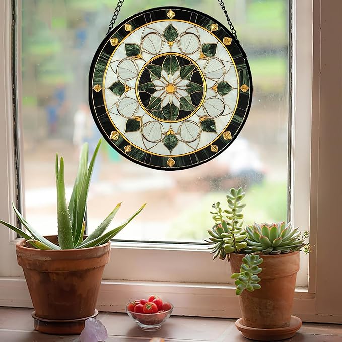 Stained Glass Window Hanging - Black and White Green Boho Sun Catcher for Door Home Decor Flower Suncatcher Christmas Mother's Day Birthday Gifts for Women Men Lovers Mom Nana 11.8 in