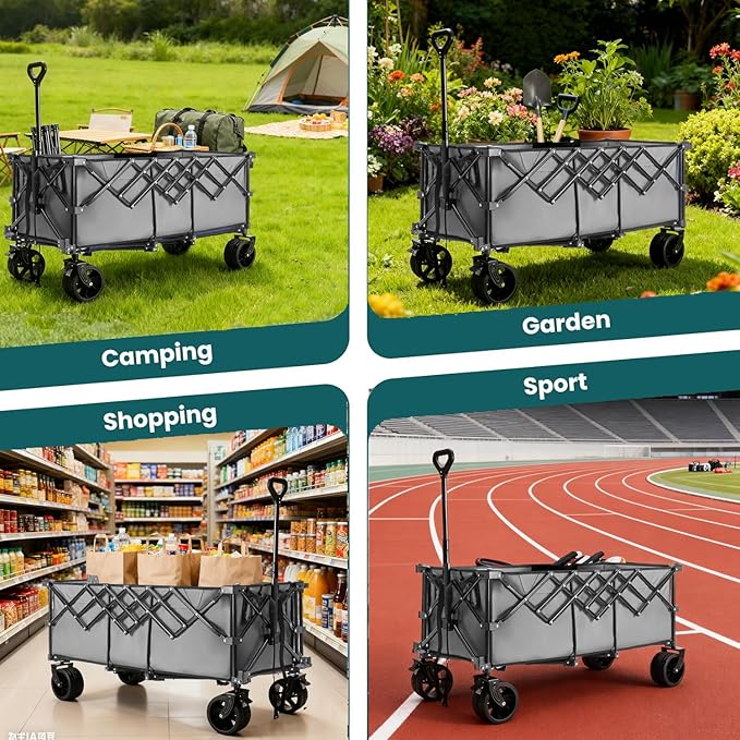 NEWBULIG Collapsible Wagon Cart - 440lbs Foldable Extra Long Heavy Duty Utility Wagon with Wheels, Portable Storage Grocery Cart for Camping, Shopping, Sports, Beach, Garden