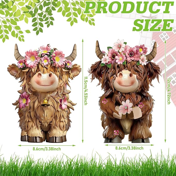 2 Pcs Highland Cow Figurines Decor Daisy Flower Highland Cow Gnomes Resin Statue Calf Lovers Gifts for Farmhouse Home Garden Kitchen Office Tiered Tray Table Decor