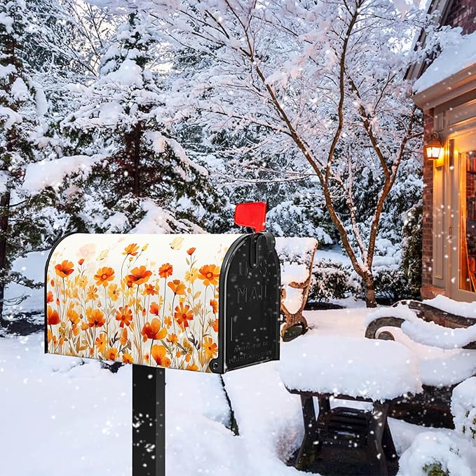 Orange Floral Mailbox Cover Fall Mailbox Covers Magnetic Standard Size 21x18 inch Autumn Beautiful Flower Post Letter Box Cover Mail Box Decorations for Outside Garden