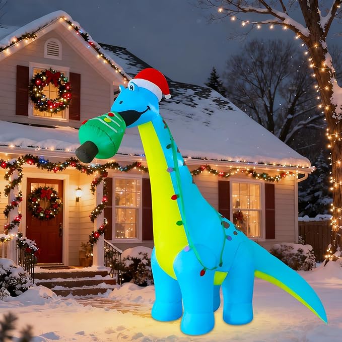 DR.DUDU 12 FT Christmas Inflatable Outdoor Decorations, Large Blow Up Dinosaur Inflatables with Santa Hat Christmas Tree Light up Giant Xmas Holiday Decor for Yard Lawn Garden Outside