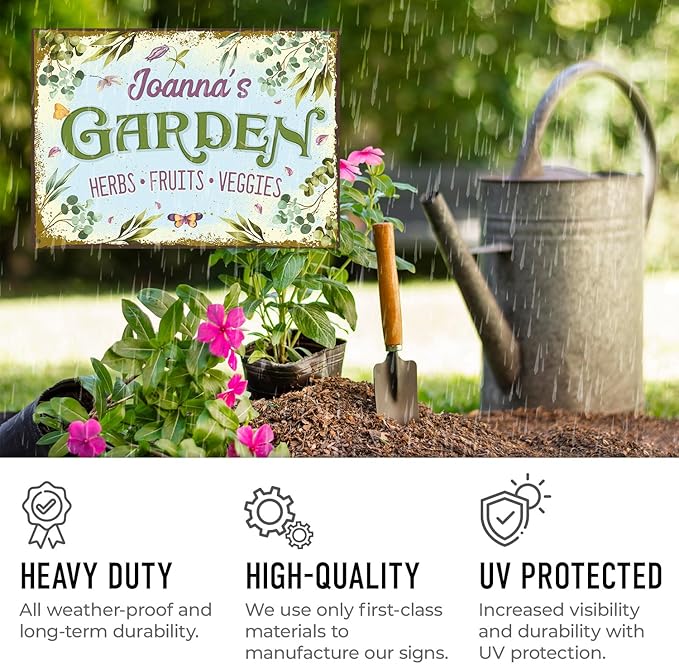 Custom Garden Sign, Christmas Present, Personalized Name for Vegetable Patch and Backyard Décor Sign, 10x14 Inches, Rust Free .040 Aluminum, Fade Resistant, Made in USA by Sigo Signs