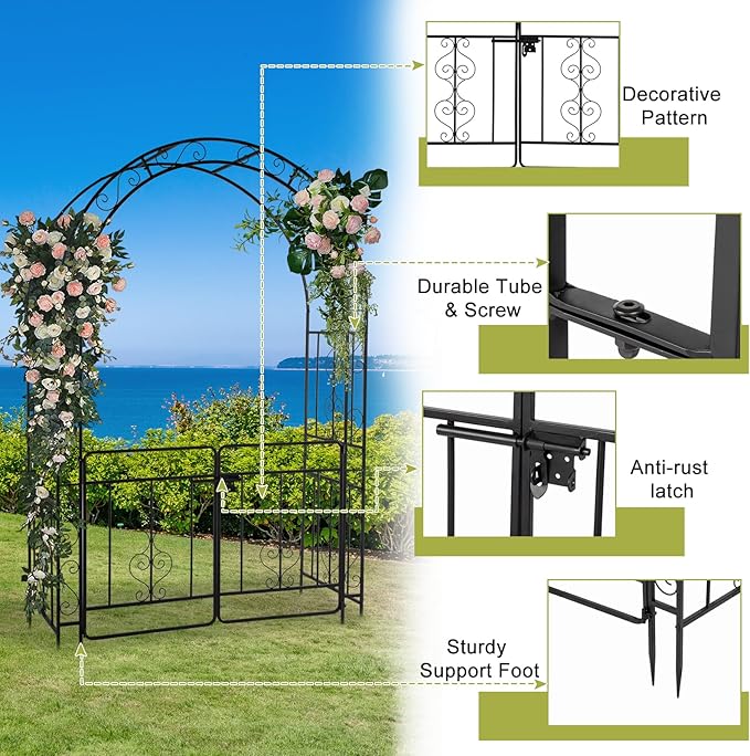 7FT Metal Garden Arch Trellis, Heavy Duty Metal Garden Arbor with Door for Climbing Plants Outdoor Patio, Double-Layered Trellis Arch for Wedding Ceremony Party, 53" x 84", Black, 13mm