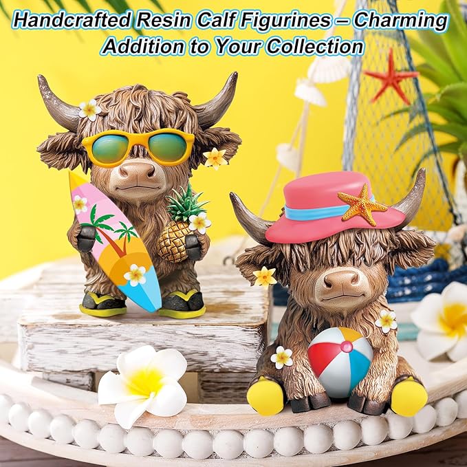 Karenhi 2 Pcs Highland Cow Figurines Summer Beach Seaside Coastal Highland Cow Gnomes Scottish Resin Statue Calf Lovers Gifts for Summer Home Garden Kitchen Office Tiered Tray Table Decor