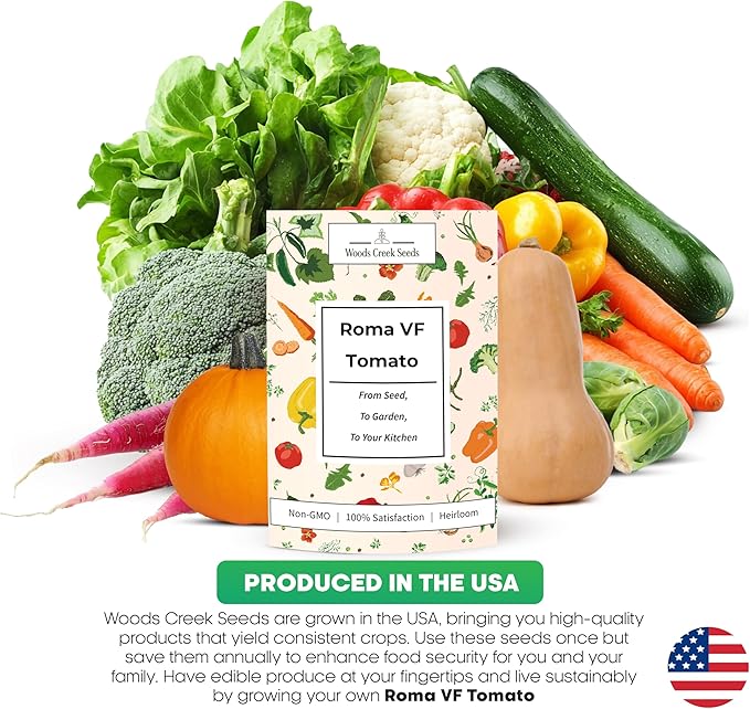 Woods Creek Seeds: Roma VF Tomato Seeds for Planting - Over 350 Heirloom Tomato Seeds for Planting Outdoors, Indoors, Patio or Home Plant Garden - Non-GMO Seed Pack of Tomatoes