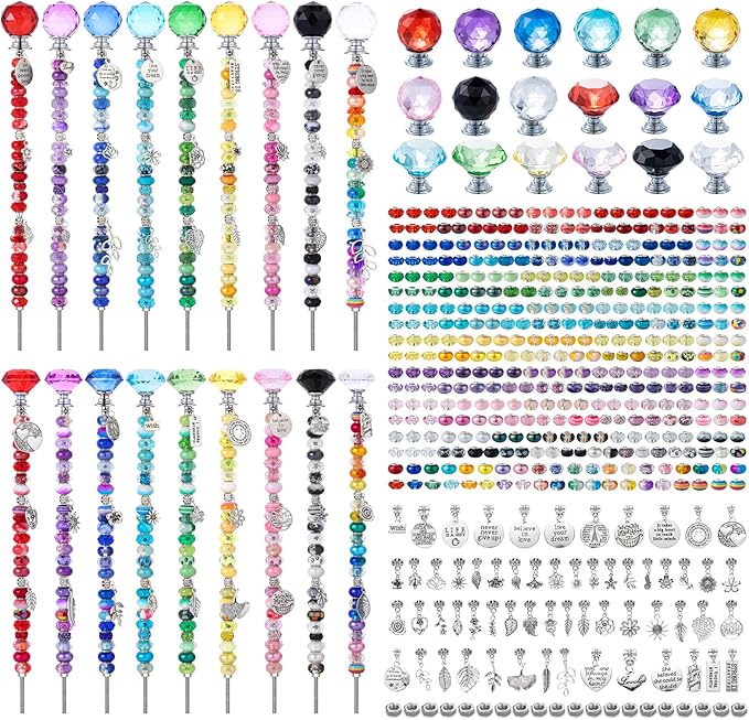 513pcs DIY Beaded Garden Stakes, DIY Fairy Wand Garden Stake Decorative Kit with Plants and Motivational Pendant, 12 in Rod, Crystal Top, Large Holes Bead for Holidays Outdoor&Indoor Decorative