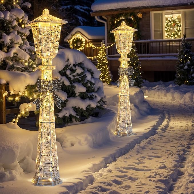 VINGLI 5FT Christmas Street Lamp Post, Lighted Street Light with Bow Outdoor Christmas Decorations, Light up Christmas Decor for Indoor Outdoor Porch Lawn Yard Garden, Snow White