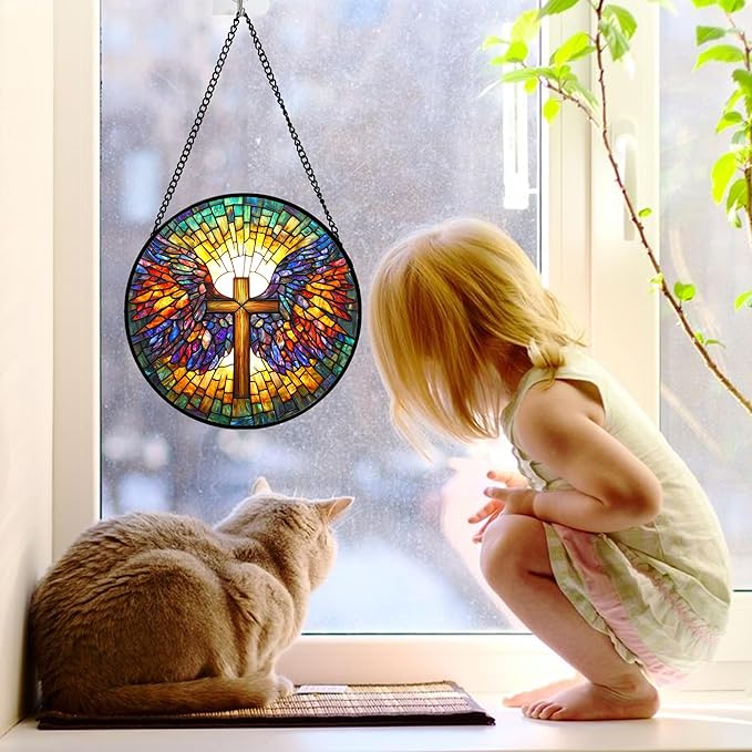 Stained Glass Window Hanging - Jesus Cross Wings Suncatcher Ready to Hang Window Doors Home Decoration and Christmas, Mother's Day Birthday Gifts for Women, Men, and Mom 7.8x7.8 in
