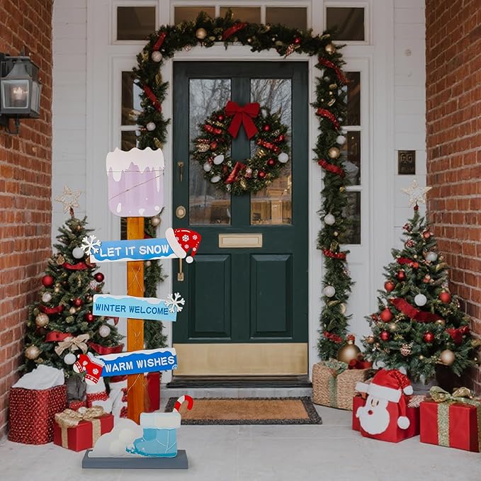 Lighted Wooden Christmas Porch Sign | Let It Snow Winter Welcome Porch Decor |Xmas Hat Gloves Candy Cane Wood Signs for Winter Wonderland Bule Christmas Decorations