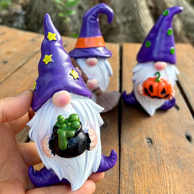 Purple Wizard Witch Gnomes Set of 3 - Mini Resin Figurines for Tiered Tray, Mantel and Gothic Home Decor Storybook Charm Gothic Gnomes Collection