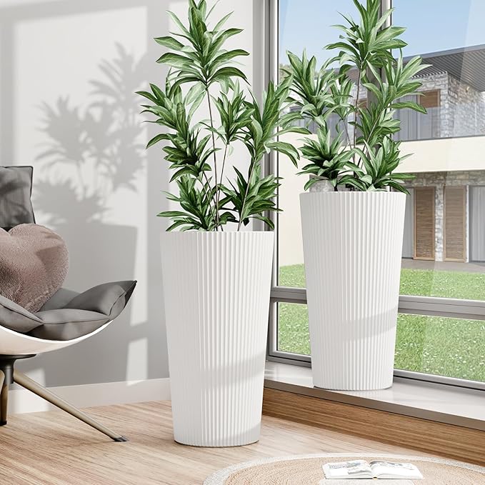 Tall Outdoor Planter Front Porch Decor Set of 2-23.6" H Tall Planters for Outdoor Plants with Drainage Hole, Round Conical Design Flower Pots for Indoor/Patio/Garden, White