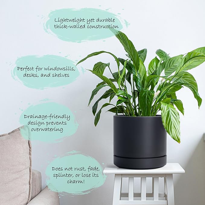 6 Inch Modern Plastic Round Pots for Indoor Houseplants and Herbs, Pack of 3 Planter Pot with Drainage Hole & Saucer, Deep Water Catch Tray, Straight Cylindrical Pot for Plants, Matte Black, 23-D-S-2