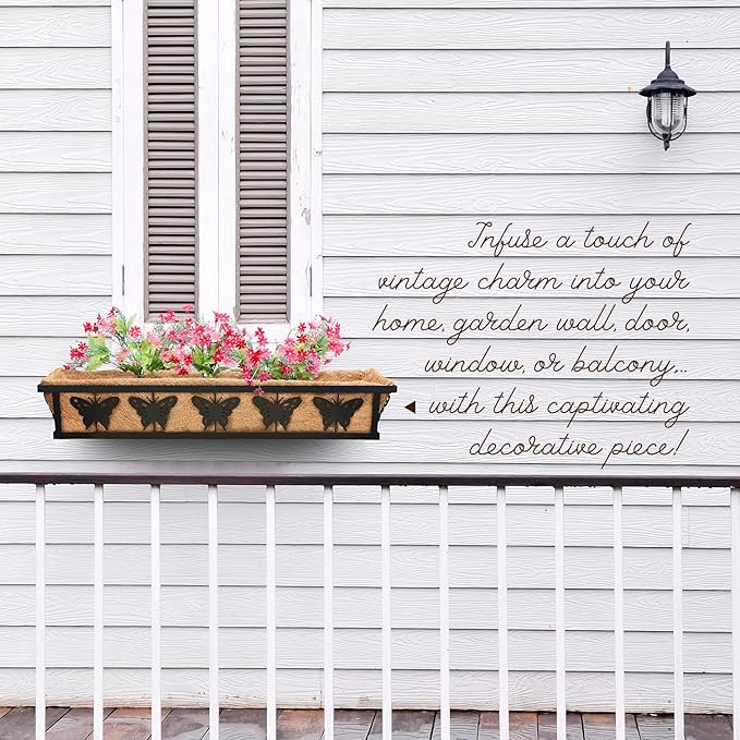 Window Box Railing, 24IN Black Metal Hanging Flower Planter Basket with Coco Liner for Outdoor Balcony Porch Fence Patio for Home, Office and Hotel (Black - 4 Pcs/Set)