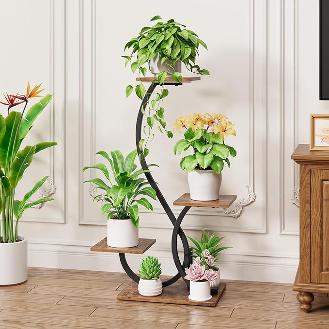Plant Stand Indoor with Grow Lights - S-Shaped Plant Shelf, Lighted Corner Plant Stands for Indoor Growing, 32" Metal Flower Holder, 4 Tiered Decorative Shelves for Home, Hallway, Black