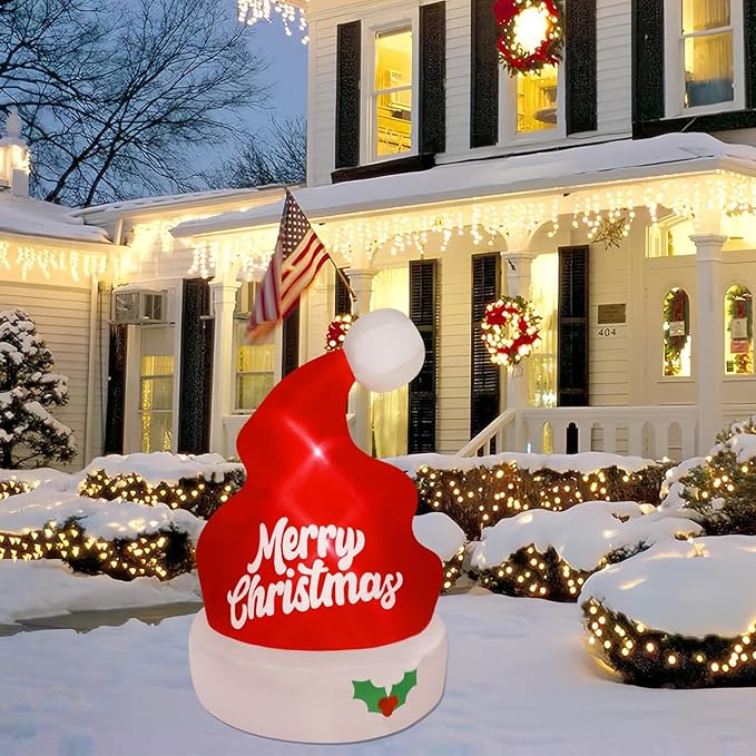 Juegoal Christmas Inflatables Outdoor Decorations, 5FT Inflatable Xmas Hat, Lighted Blow Up Giant Red Hat with Built in LED Lights, Light Up Holiday Winter Roof Lawn Yard Garden Decor
