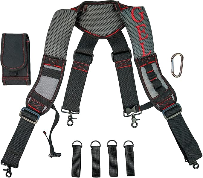 MELOTOUGH Gel Padded Tool Belt Suspenders Work Belt Suspender Tool Belt Suspenders with Gel shoulder for Electrician,Contruction,Carpenter (Trigger Snap Hook with Red Color)