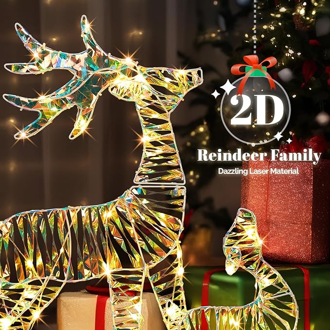 VINGLI 3-Piece Lighted Iridescent Christmas Reindeer Family Set, 3FT Buck Doe Fawn Outdoor Yard Decorations, Pre-lit 110 Warm White LED Lights, Weatherproof Xmas Lawn Garden Home Decor