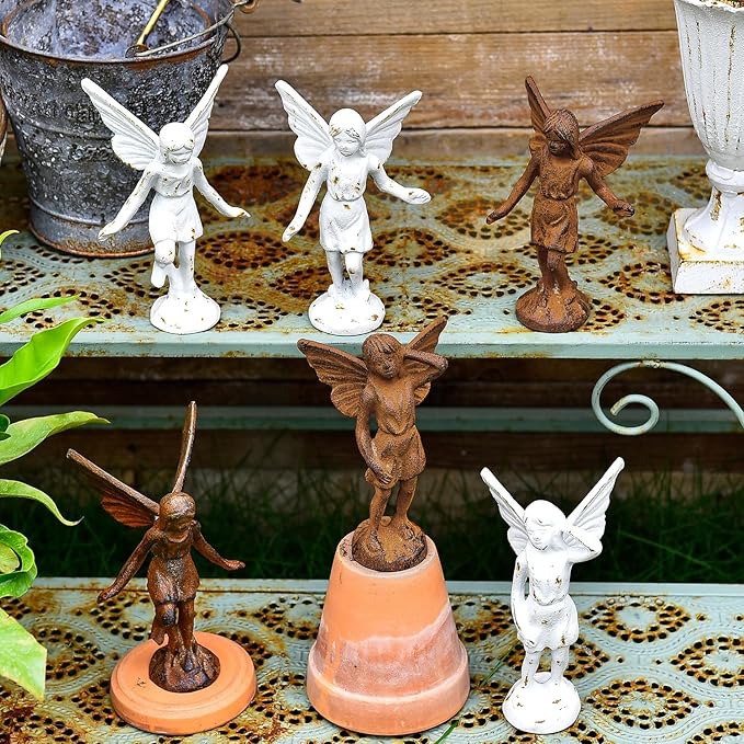 Sungmor Cast Iron Garden Angel Statue, Set of 2 Rustic Brown Fairy Figurines, Creative Angel Pixie Collection Home Office Desk Decor, Indoor Outdoor Fairy Garden Accent Ornament