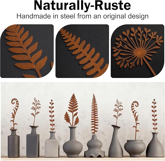 5 Pcs 14.2'' Longer Rusty Metal Flowers and Plants, Rustic Metal Fern Leaf Garden Stakes, Rusty Plant Shaped Decoration for Flower Arrangement Potted Plants Outdoor Lawn Yard Courtyard Art
