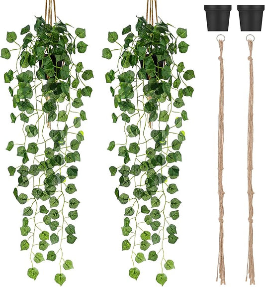 Folmywy 2 Pack Artificial Hanging Plants Vines with Pot Fake Greenery Potted Plant Grape Leaves Decoration Faux Ivy Foliage for Home Indoor Outdoor Living Room Shelf Kitchen Office