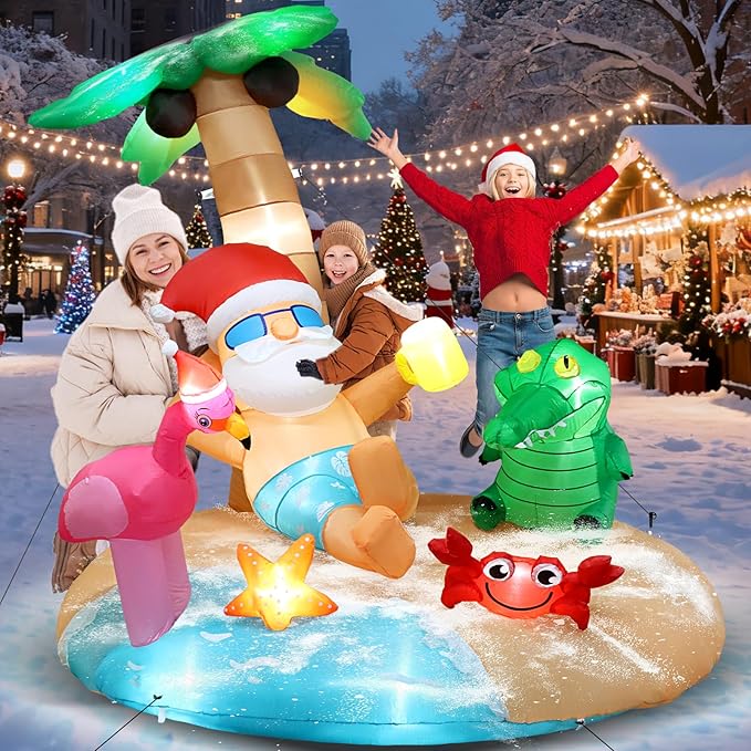 7.2FT Christmas Inflatables, Blow Up Inflatable Christmas Outdoor Decorations, Hawaiian Santa Island with LED Lights & Air Blower for Xmas Navidad Yard, Lawn Holiday Décor (7.2 x 6.6 x 5.5FT)