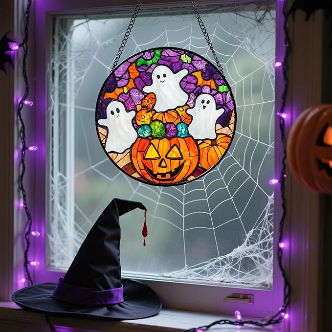 Stained Glass Window Hanging Halloween Horror Pumpkin White Ghost 7.8" - Suncatcher Door Garden Sunroom Gothic Style Sun Catcher Birthday for Friend Mom Men Woman Nana