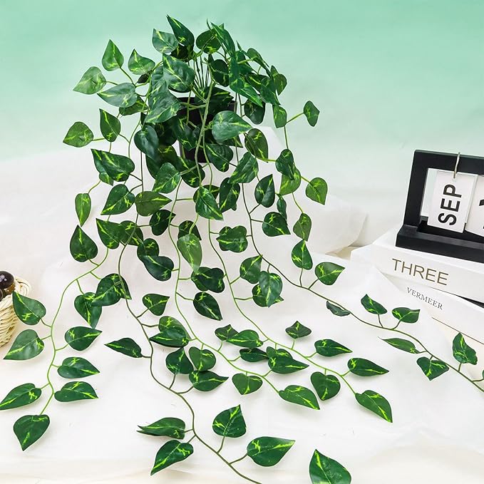 Folmywy 2 Pack Artificial Hanging Plants Vines with Pot Fake Greenery Potted Plant Ivy Leaves Garland Decoration for Shelf Living Room Bedroom Garden Wedding Party Indoor Outdoor
